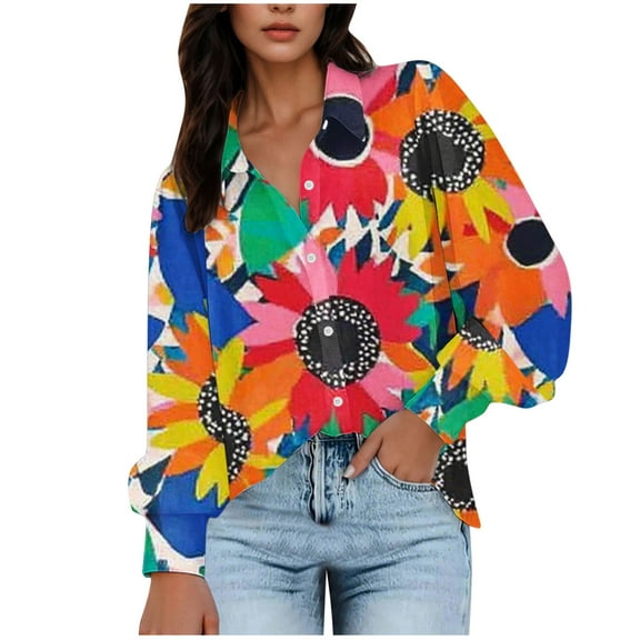 QUNYINEY Womens Button Down Shirt Casual Floral Puff Long Sleeve Tops Collared Loose Blouse