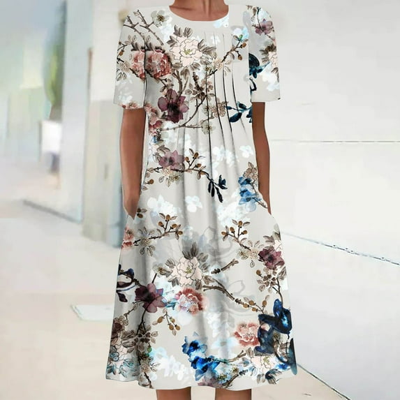 QUNYINEY Womens Dress Casual Short Sleeve Floral A-Line Dress Pleated Crew Neck Flowy Midi Sundress