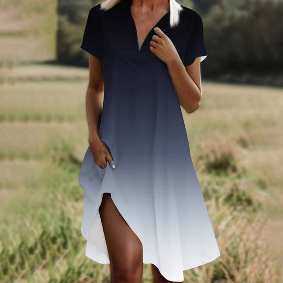 QUNYINEY Womens Dress Short Sleeve Gradient Casual A-Line Dress V Neck Flowy Midi Sundress