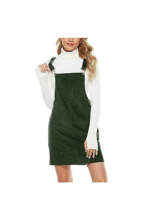 Womens Dress Sleeveless Solid Casual Pinafore Dress Corduroy Square Neck Adjustable Buckle Mini Dresses