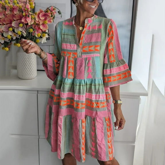 QUNYINEY Womens Dress Vintage Casual Mini A-Line Dresses V Neck Loose Puff 3/4 Sleeve Tiered Flowy Sundress