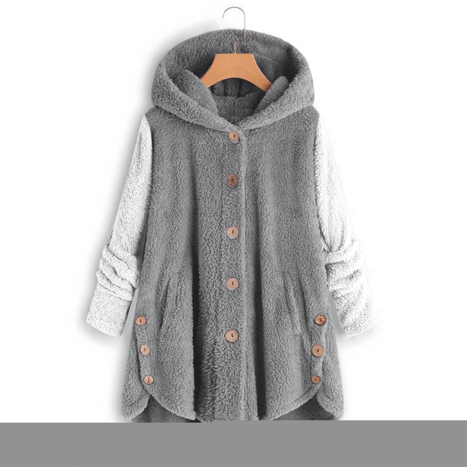 QUNYINEY Womens Fall Jacket Lightweight Colorblock with Hood Winter Fleece Outerwear Long Sleeve Loose Fit Button Down Womens Coats