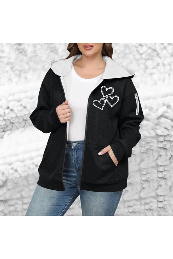Womens Fall Jackets 2025 Fleece Full Zip Love Heart Outerwear Long Sleeve Loose Fit Windbreaker Pockets with Hood Womens Coats
