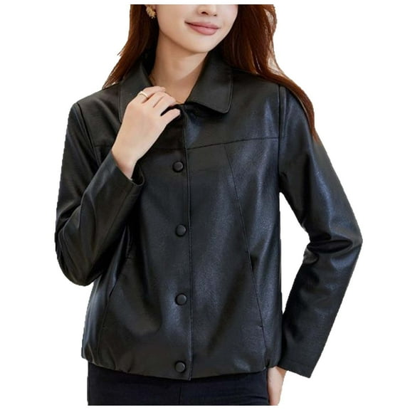 QUNYINEY Womens Faux Leather Jackets Motorcycle Cropped Black Windbreaker Button Down Collar Long Sleeve Loose Fit Women's Coats