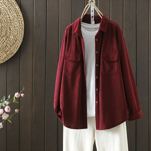 QUNYINEY Womens Jackets Casual Corduroy Red Work Outerwear Loose Fit Lapel Collar Long Sleeve Button Down Double Pocket Womens Coats