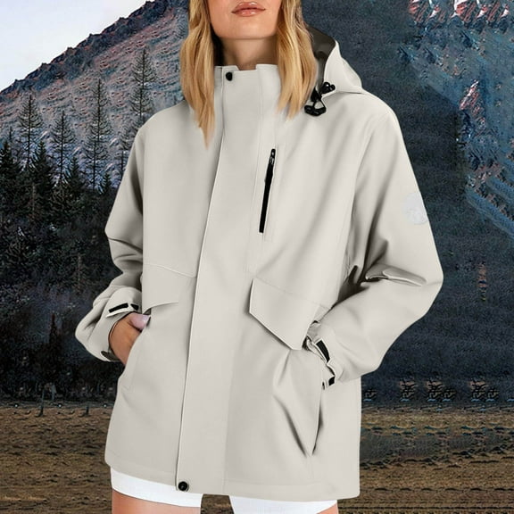 QUNYINEY Womens Jackets Casual Windbreaker White Hooded Waterproof Outerwear with Pockets Long Sleeve Hiking Loose Fit Plus Size Winter Coats for Women