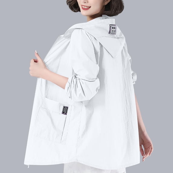 QUNYINEY Womens Lightweight Jackets Casual Zip Up Hooded Solid Coats Loose with Pockets Sun Protection Jacket