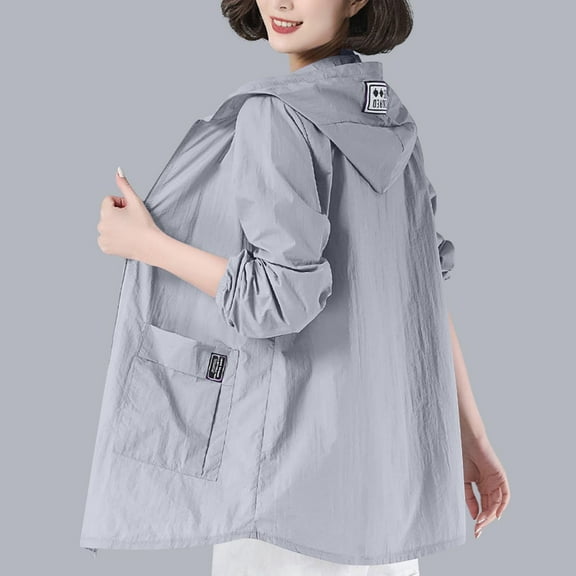 QUNYINEY Womens Lightweight Jackets Zip Up Casual Solid Hooded Coats Loose Sun Protection with Pockets Jacket