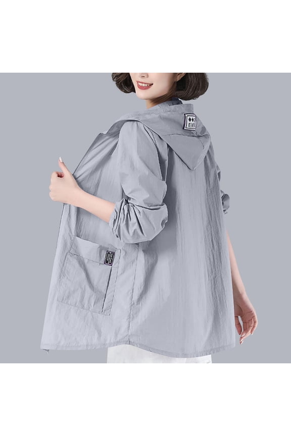 Womens Lightweight Jackets Zip Up Casual Solid Hooded Coats Loose Sun Protection with Pockets Jacket