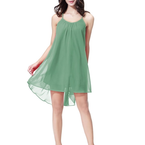 QUNYINEY Womens Nightgowns Sleeveless Green Chiffon Sling Nightdress Crew Neck Back Hollowed Out Knee Length Loungewear for Women