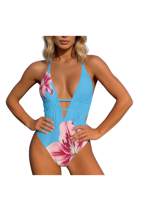 Womens One Piece Swimsuits Tummy Control Cutout Floral Monokini Cross-Back Ruched V Neck Slimming One-Piece Swimsuits