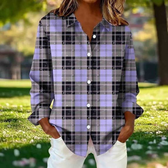 QUNYINEY Womens Oversized Button Down Shirts Long Sleeve Plaid with Collar Work Tops Loose Fit Women Blouses