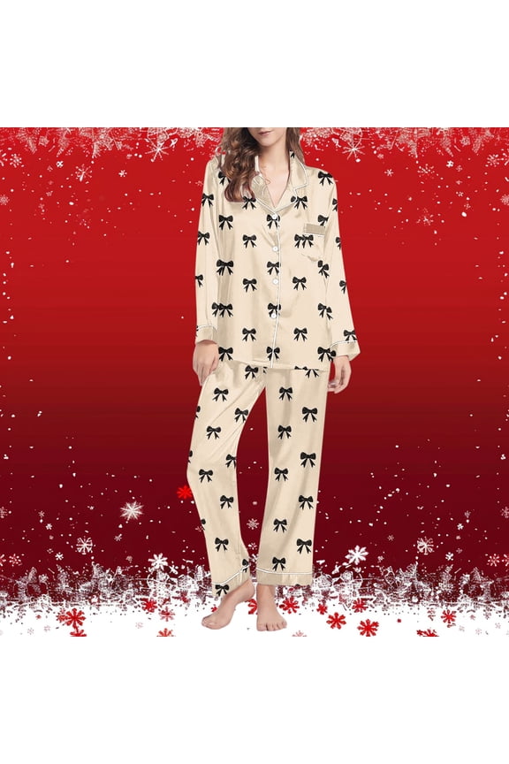 Womens Pajama Sets Long Sleeve Bow Nightwear Cute Button Down Tops and Pants Notch Collar with Pocket Loose Fit Two Piece Sleepwear for Women