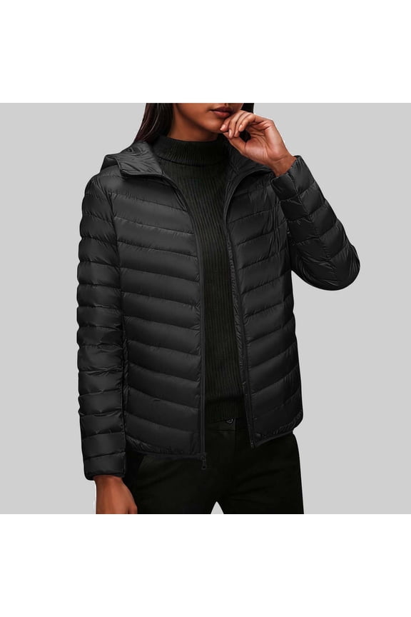 Womens Puffer Jackets Casual Zip Up Black Lightweight Windbreaker Long Sleeve Pockets Loose Fit with Hood Womens Coat