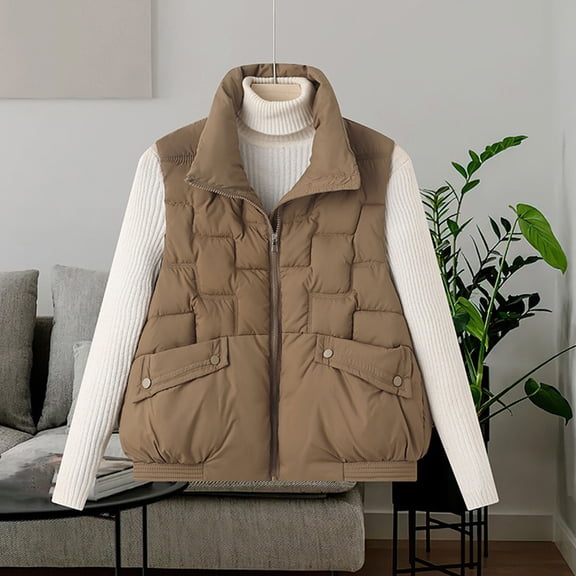 QUNYINEY Womens Puffer Vests Fashion Casual Yellow Zip Up Gilet Quilted Loose Fit with Pockets Turndown Collar Sleeveless Womens Jackets