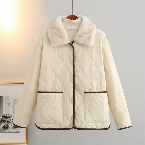 QUNYINEY Womens Quilted Jackets Casual White Fleece Outwear Lapel Collar with Pockets Long Sleeve Loose Fit Button Down Winter Coats for Women