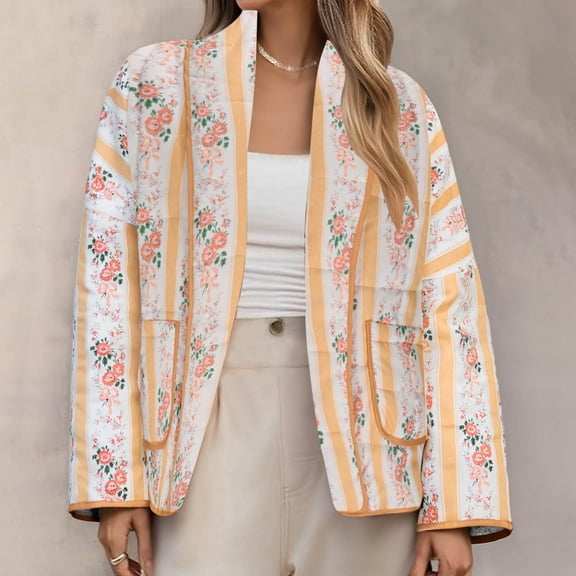 QUNYINEY Womens Quilted Jackets Lightweight Floral Windbreaker Loose Fit with Pockets Open Front Long Sleeve Stand Collar Coat Women