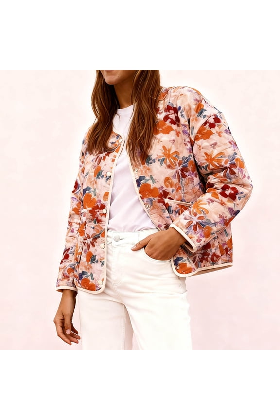 Womens Quilted Jackets Trendy Floral Lightweight Shacket Jacket Button with Pockets Long Sleeve Loose Fit Women's Coat
