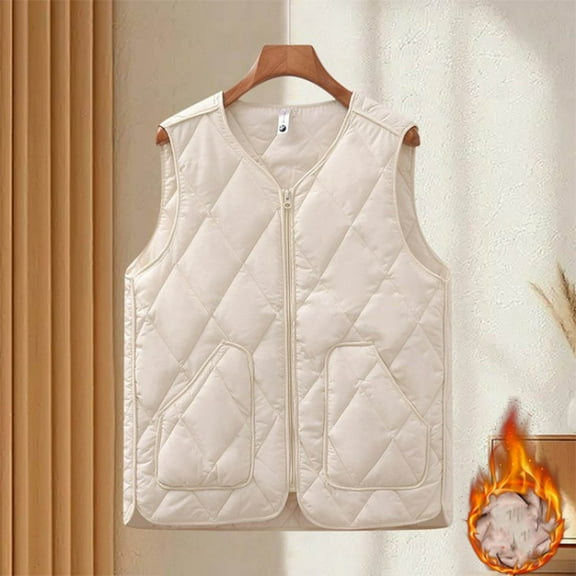 QUNYINEY Womens Quilted Vests Zip Up White Outerwear Loose Fit V Neck Lightweight Sleeveless with Pockets Jacket Women