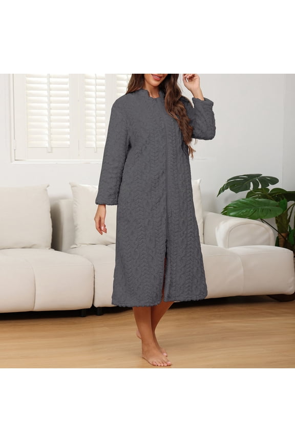 Womens Robes Flannel Gray Knee Length Zip Front Long Sleeve House Dress Loose Fit with Pockets Sleepwear for Women