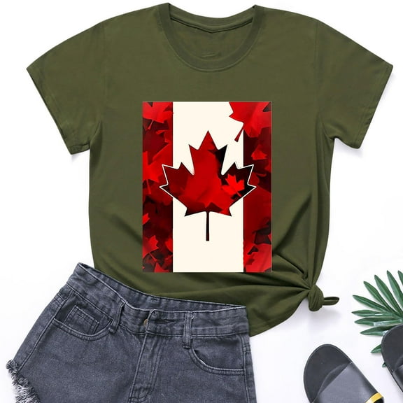 QUNYINEY Womens Shirts Casual Canadian Flag Short Sleeve Crew Neck Tops Loose Summer Pullover Womens Tops