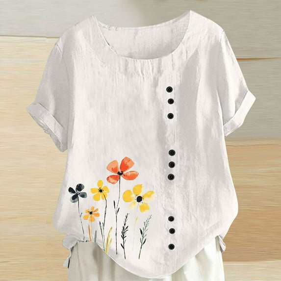 QUNYINEY Womens Shirts Crew Neck Casual Short Sleeve Floral Tops Cotton Linen Loose Button Pullover Tops for Women