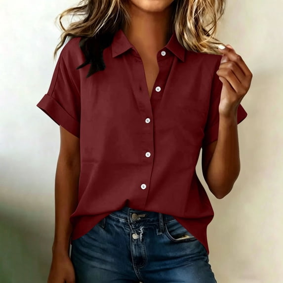 QUNYINEY Womens Short Sleeve Button Down Shirts Casual Collared Work Tunic Tops Summer Loose Fit Solid Shirts