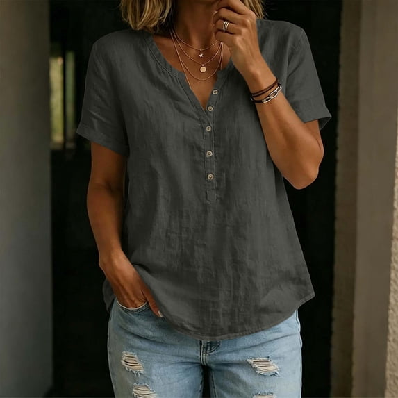 QUNYINEY Summer Womens Short Sleeve Tops Cotton Linen V Neck T-Shirts Solid Button Loose Fit Pullover Casual Tops