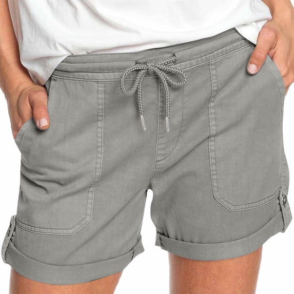 QUNYINEY Womens Shorts Casual Cargo Elastic Waist Solid Loose Drawstring Multiple Pockets Shorts