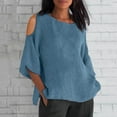 thumbnail image 1 of QUNYINEY Womens Spring Tops Cold Shoulder Casual Solid Crew Neck Blouses Cotton Linen Loose Short Sleeve Pullover Tops, 1 of 6