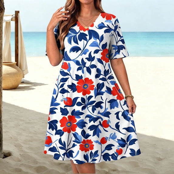 QUNYINEY Womens Summer Casual Dresses Short Sleeve Midi Plus Size Independence Day A Line Dress with Pockets Patriotic Loose Fit V-Neck Dresses