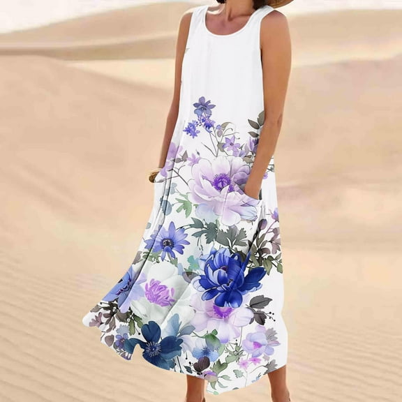 QUNYINEY Womens Summer Dresses Sleeveless Floral Casual A-Line Dress with Pockets Cotton Linen Crew Neck Maxi Sundress
