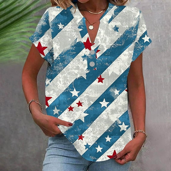 QUNYINEY Womens Summer Shirts Short Sleeve Independence Day Casual V Neck Tunic Tops Pullover Cotton Linen Button Loose Women Tops