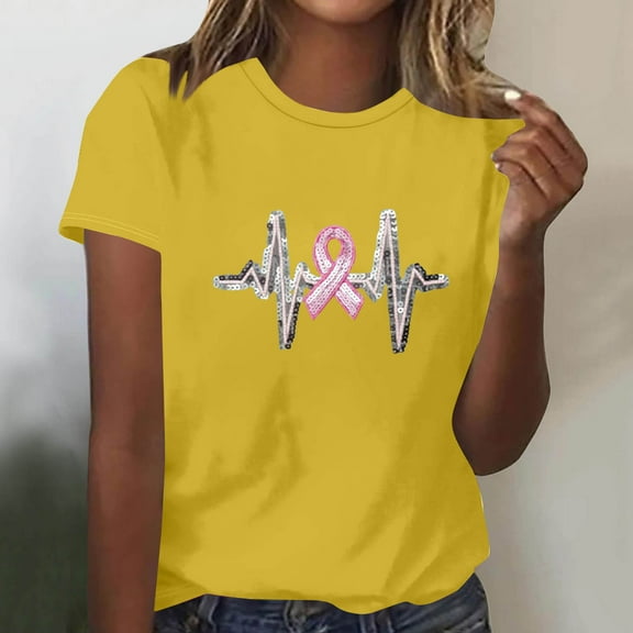 QUNYINEY Womens Summer Shirts Soft Breast Cancer Awareness Casual Short Sleeve Tops Crew Neck Pullover Loose Graphic Tees