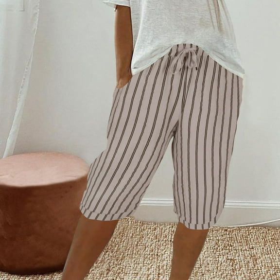 QUNYINEY Womens Summer Shorts Striped High Waist Casual Bermuda Shorts Elastic Waist Summer Loose with Pockets Shorts