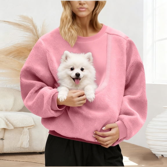 QUNYINEY Womens Sweatshirts Crew Neck Pink Long Sleeve Pullover Fleece Cat Dog Pouch Shirts Loose Fit Warm Women Tops