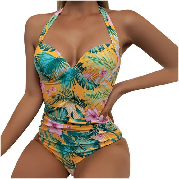 QUNYINEY Womens Swimsuits One Piece Hawaiian Spaghetti Straps Bathing Suit Tummy Control High Waisted Swimwear