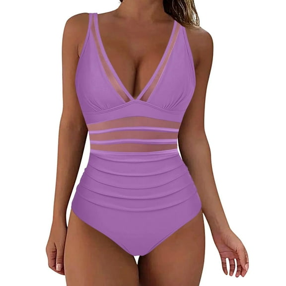 QUNYINEY Womens Swimsuits One Piece Standard Straps Solid V Neck Monokini Bathing Suit Mesh Tummy Control Swimwear