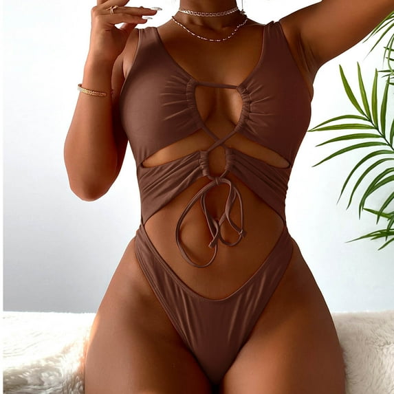 QUNYINEY Womens Swimsuits One Piece Tie Back Monokini Solid Bathing Suit Cutout Tummy Control Swimwear