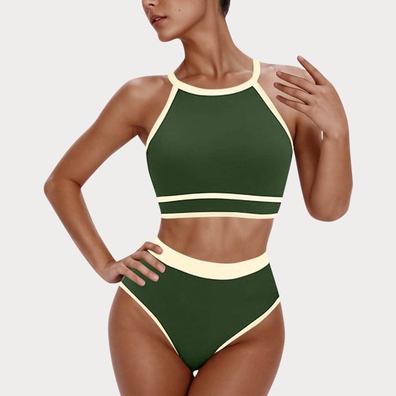 QUNYINEY Womens Swimsuits Tankini Crew Neck Colorblock Standard Straps Bathing Suit High Waisted Two Piece Swimsuit Sets