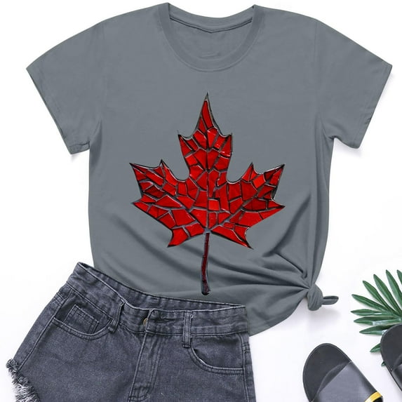 QUNYINEY Womens T Shirts Casual Short Sleeve Canadian Flag Crew Neck Tops Summer Loose Pullover Tops for Women