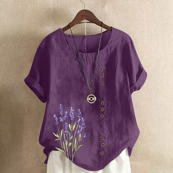 QUNYINEY Womens T Shirts Crew Neck Floral Short Sleeve Casual Tops Cotton Linen Pullover Button Loose Women Tops