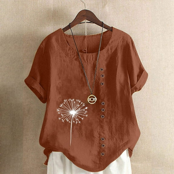 QUNYINEY Womens T Shirts Crew Neck Short Sleeve Casual Dandelion Tops Button Linen Loose Pullover Shirts