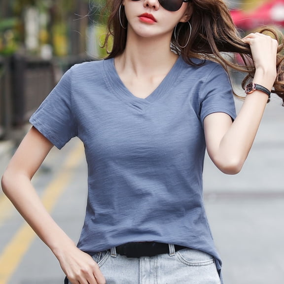 QUNYINEY Womens T Shirts V Neck Casual Blue Short Sleeve Tops Loose Summer Cotton Pullover Women Tops