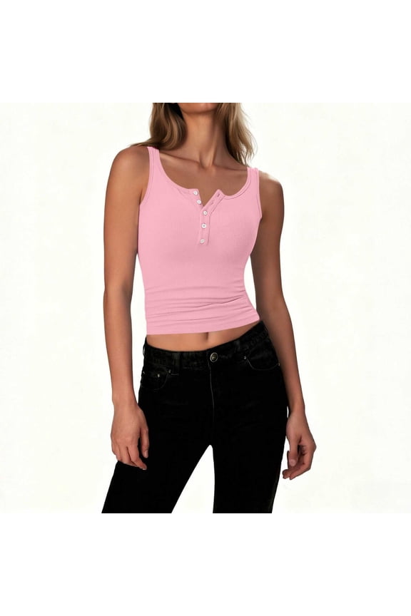 Womens Tank Top Cropped Ribbed Knit Solid Colors Tops Sleeveless Slim Fit Button Crew Neck Compression Women Tops