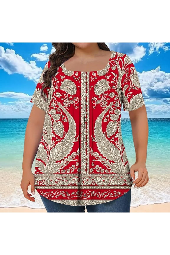 Womens Tops Trendy Vintage Square Neck Casual Short Sleeve Shirts Pullover Loose Pleated Plus Size Womens Shirts