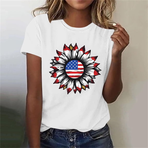 QUNYINEY Womens Tshirts Casual Short Sleeve Crew Neck Independence Day Tops Summer Loose Pullover Women's Tops