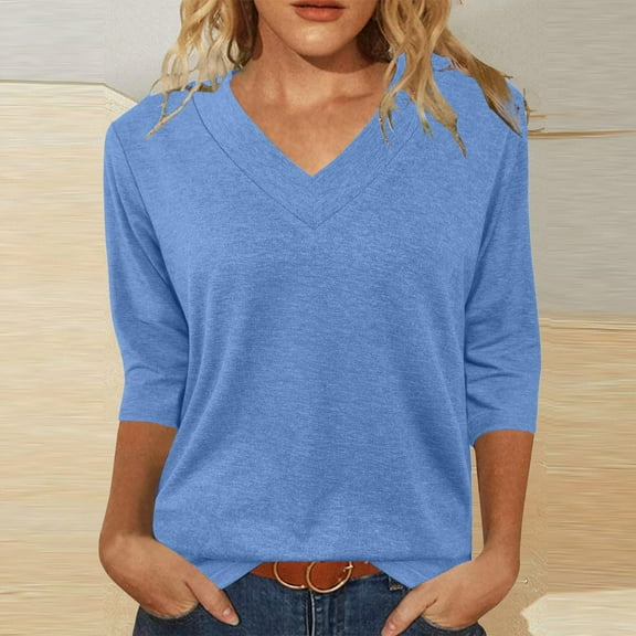 QUNYINEY Womens Tshirts Casual Solid V Neck 3/4 Sleeve Tops Soft Loose Pullover Shirts