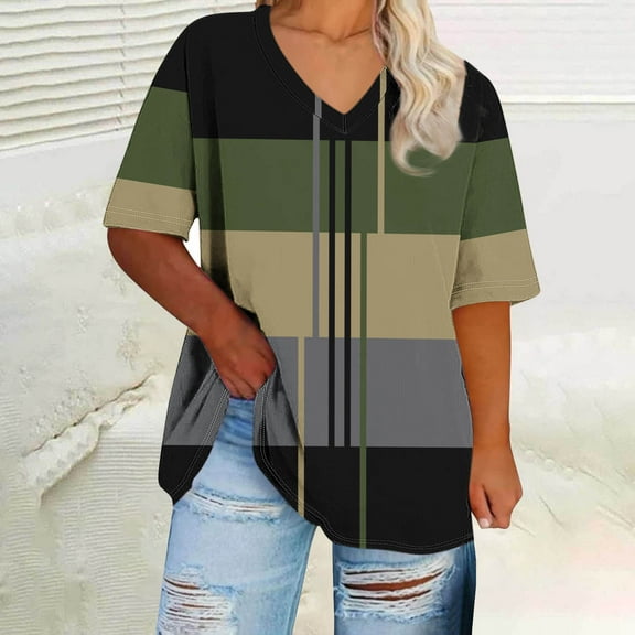 QUNYINEY Womens Tshirts Colorblock Casual V Neck Short Sleeve Tops Plus Size Loose Summer Pullover Women's Tops