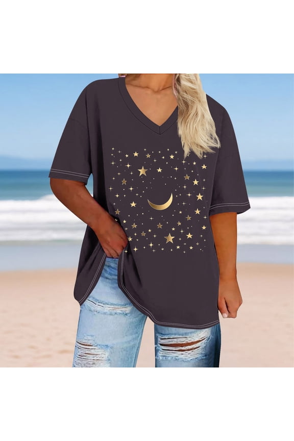 Womens Tshirts Star Casual Short Sleeve V Neck Tunic Tops Loose Summer Plus Size Pullover Tops for Women